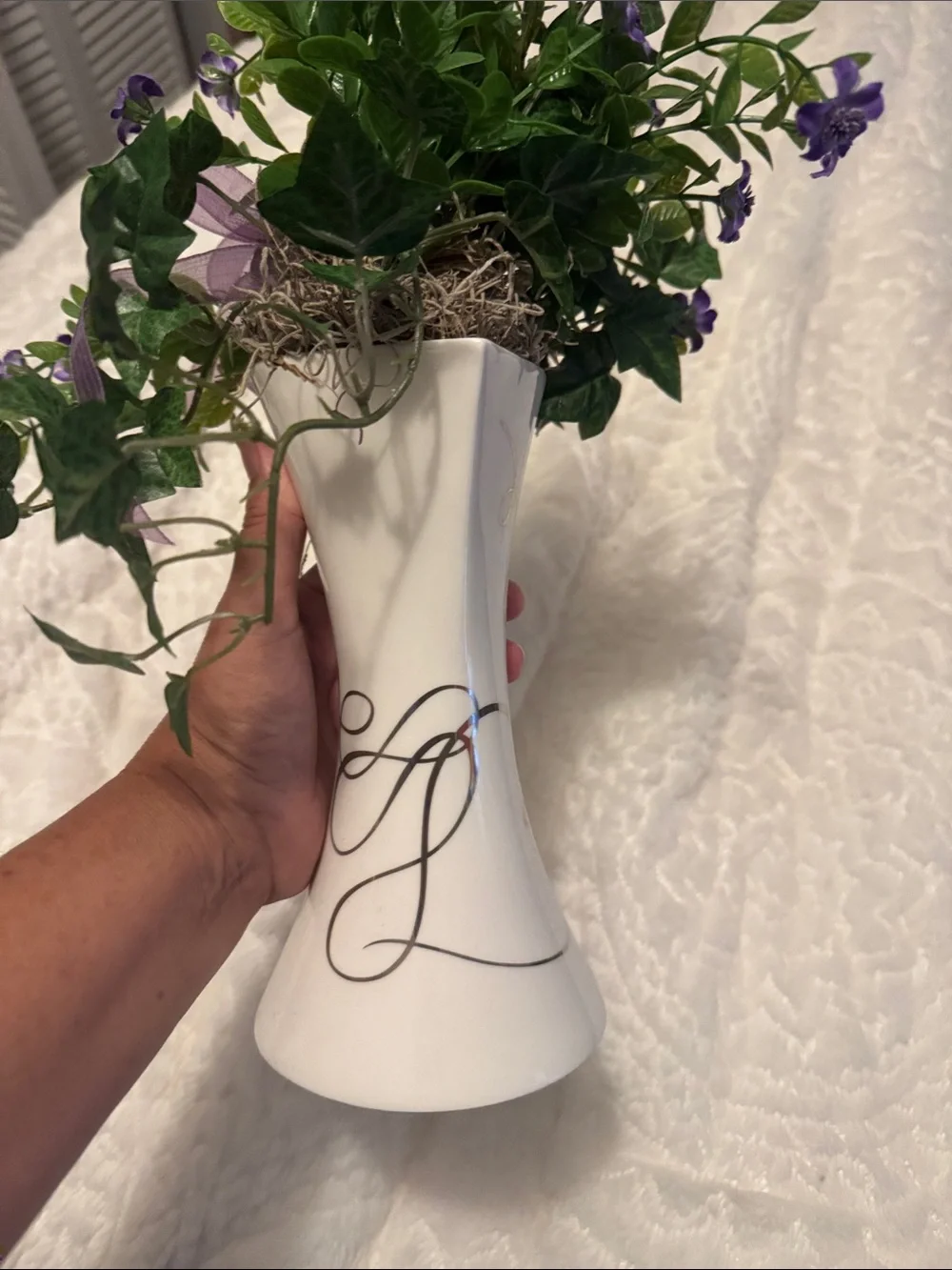 Decorative White Ceramic Vase with Purple Floral Accent